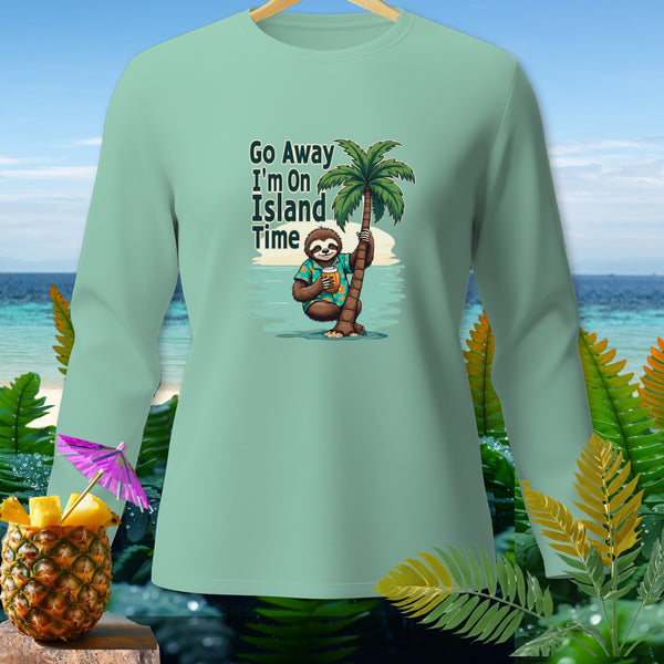 Light green long-sleeve shirt with sloth, palm tree, and "Go Away I'm On Island Time" text.