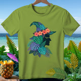 Lime green t-shirt with a tropical witch hat design and a pineapple cocktail.