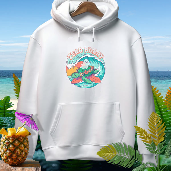 White hoodie with "Zero Hurry" text and cartoon turtle surfing on a wave.