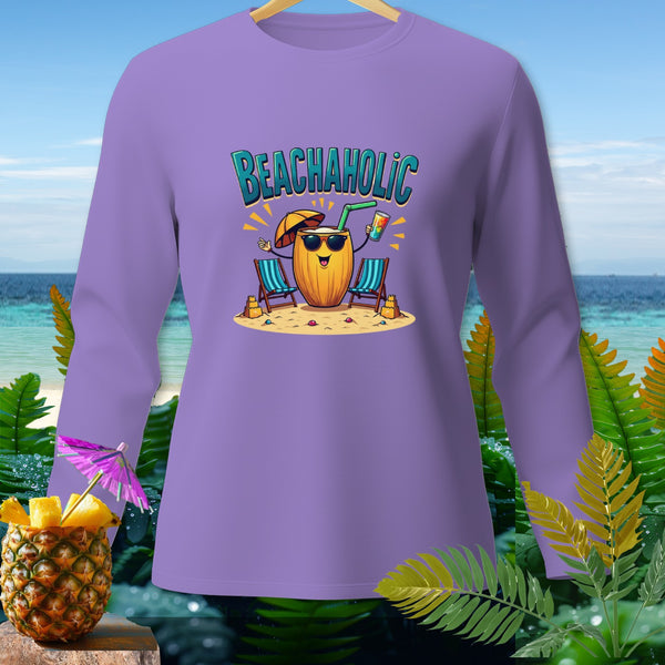 Purple long-sleeve shirt with "BEACHAHOLIC" text and cartoon coconut character.