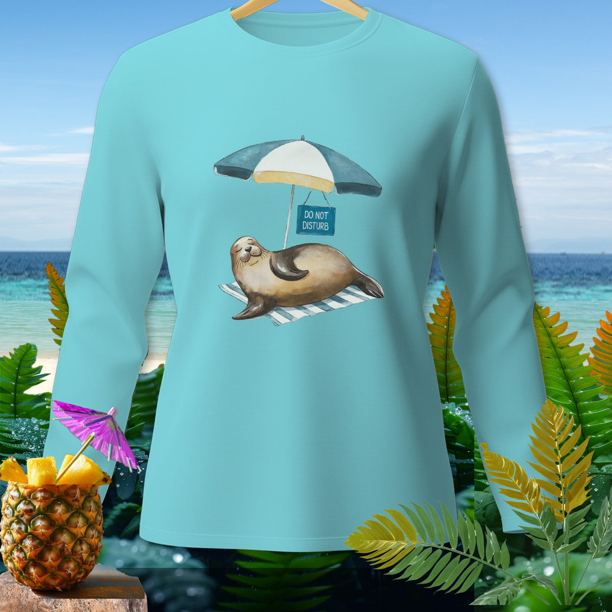 Light blue long sleeve shirt with a seal under an umbrella reading "DO NOT DISTURB".