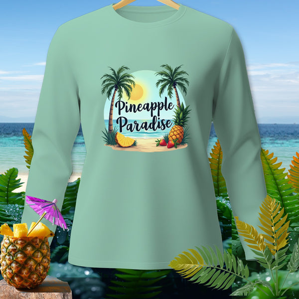Light green long-sleeve shirt with "Pineapple Paradise" text and tropical beach graphic.
