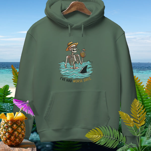 Green hoodie with skeleton, shark fin, and text "I'VE HAD WORSE DAYS."