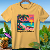 Yellow t-shirt with tropical beach scene graphic and text 