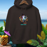 Brown hoodie with colorful octopus graphic and text 