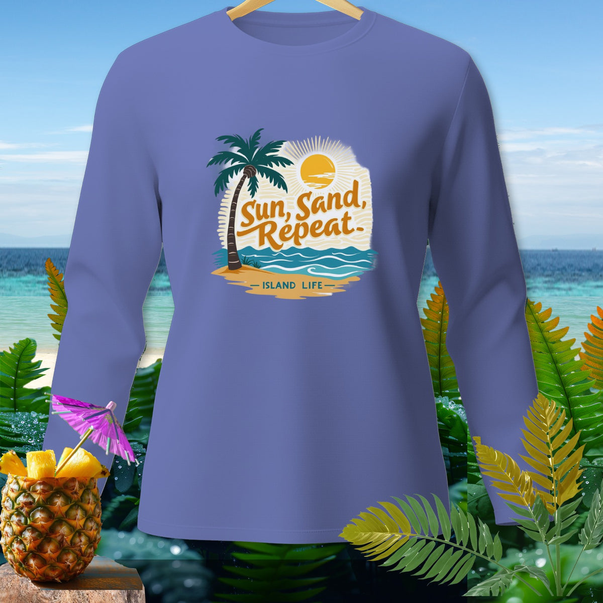 Long-sleeve shirt with "Sun, Sand, Repeat - Island Life" graphic.