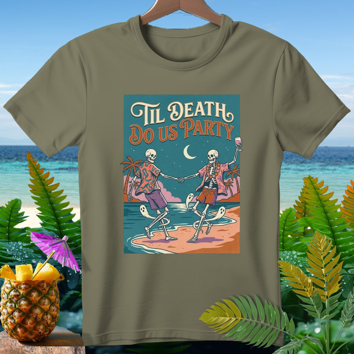 T-shirt with "Til Death Do Us Party" graphic featuring dancing skeletons on a beach.
