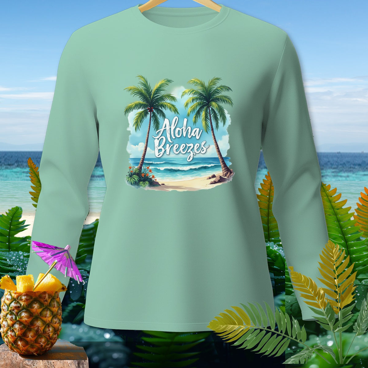 Long sleeve shirt with "Aloha Breezes" graphic on tropical beach background.