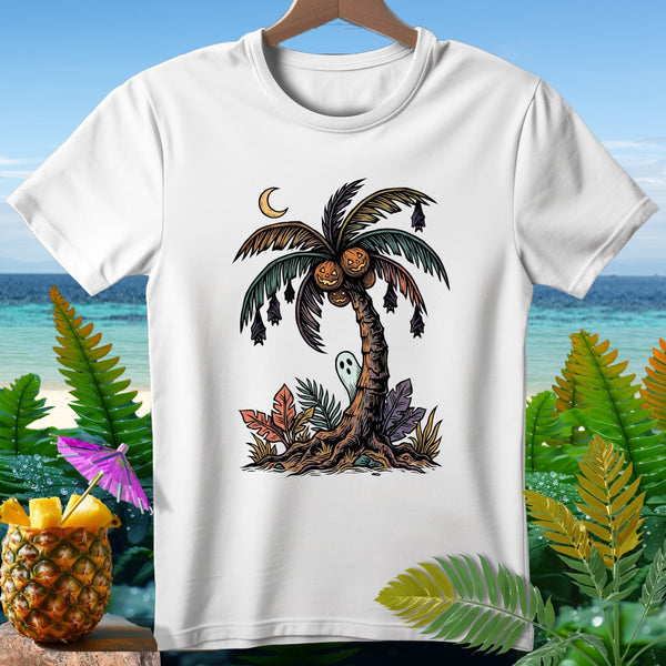 Halloween palm tree with pumpkins, bats, ghost, and moon on a white t-shirt.