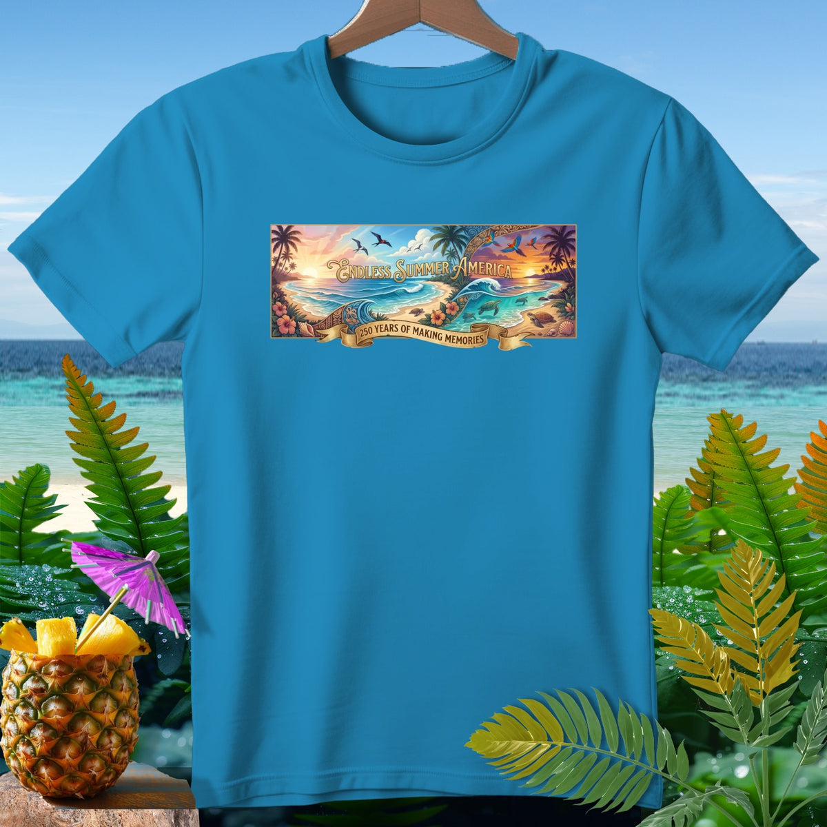 Blue t-shirt with "Endless Summer America 250 Years of Making Memories" graphic.