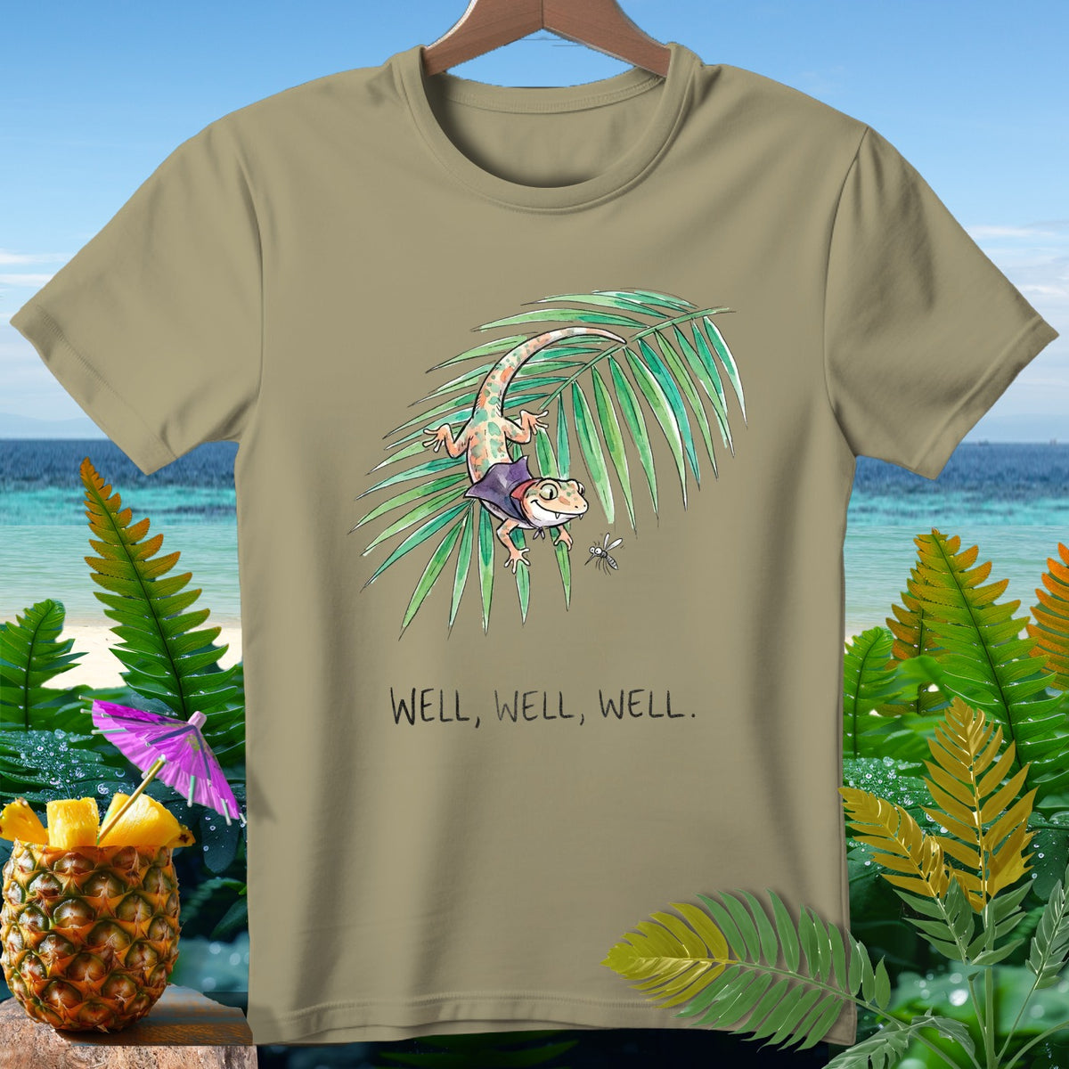 Khaki t-shirt with gecko on palm leaf, mosquito, and text "WELL, WELL, WELL."