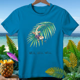 Blue t-shirt with gecko on palm frond and text 