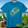 Blue t-shirt with gecko on palm frond and text "WELL, WELL, WELL."