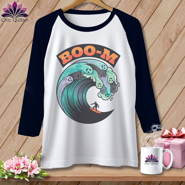 Raglan sleeve t-shirt with wave graphic and "BOO-M" text.