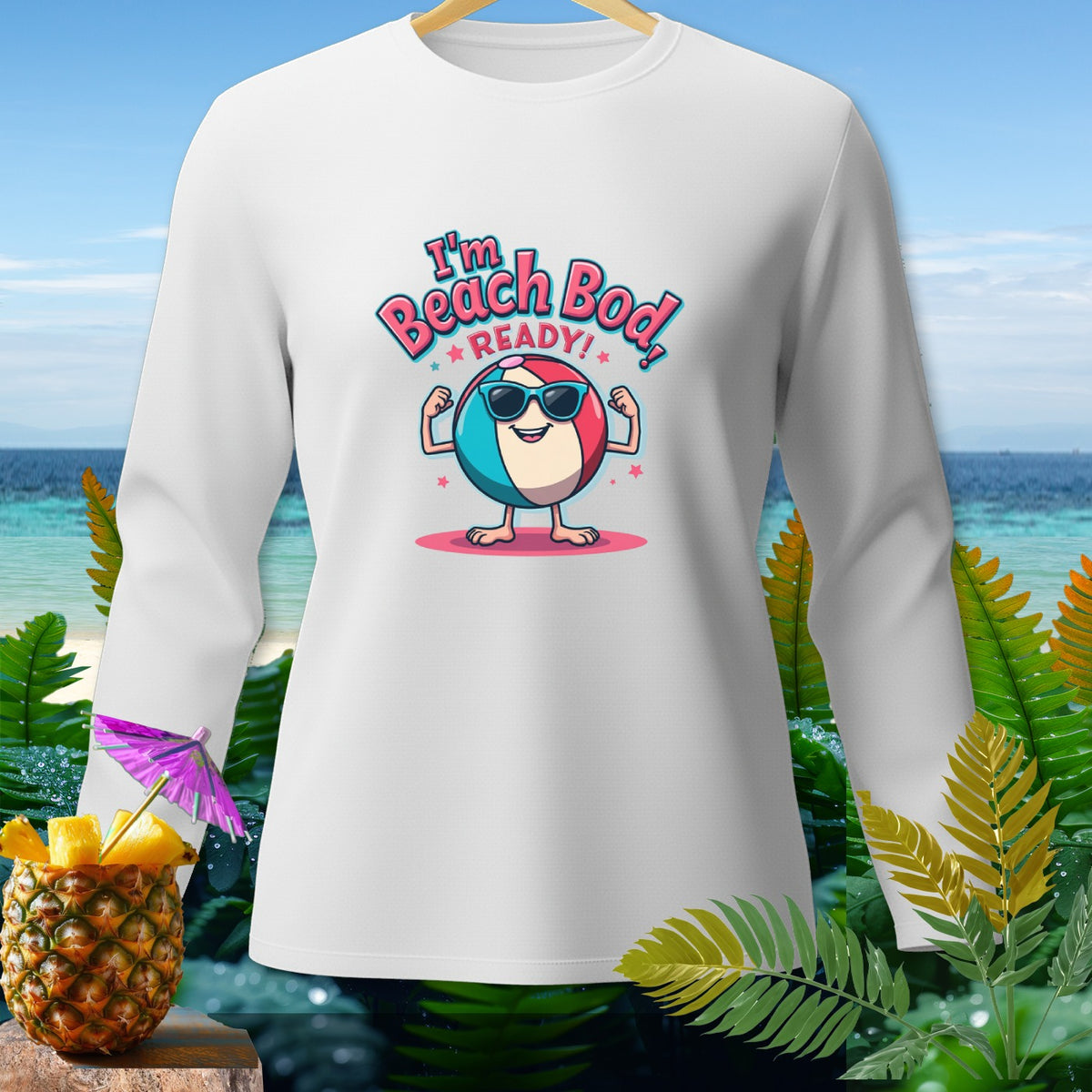 White long-sleeve shirt with "I'm Beach Bod Ready!" text and cartoon beach ball graphic.