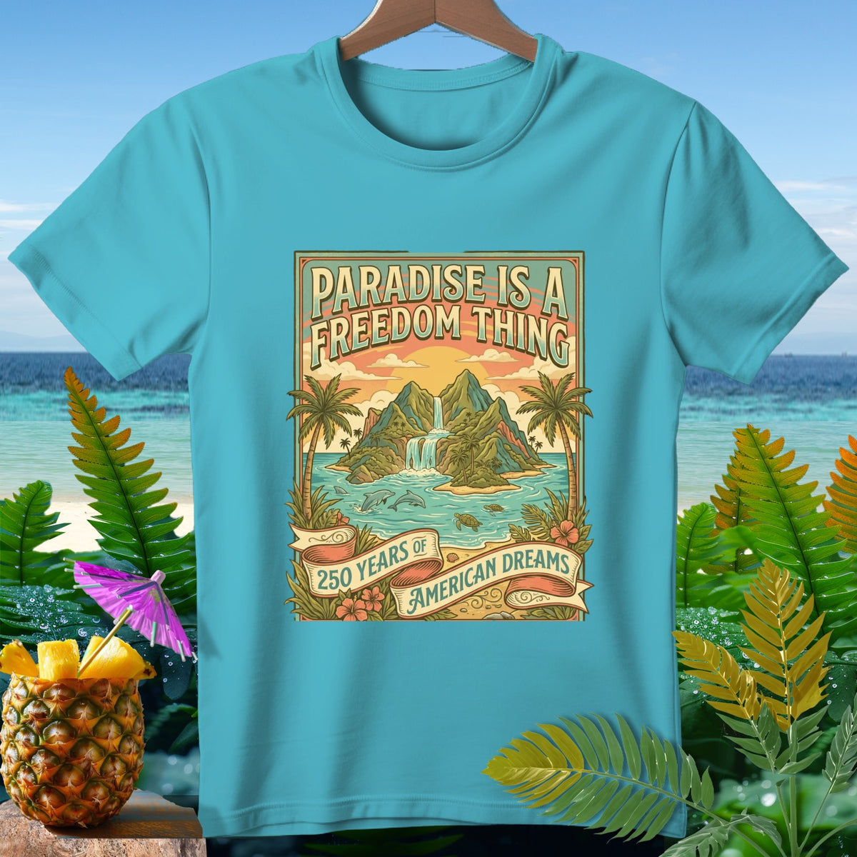 T-shirt with "Paradise is a Freedom Thing" and "250 Years of American Dreams" text.