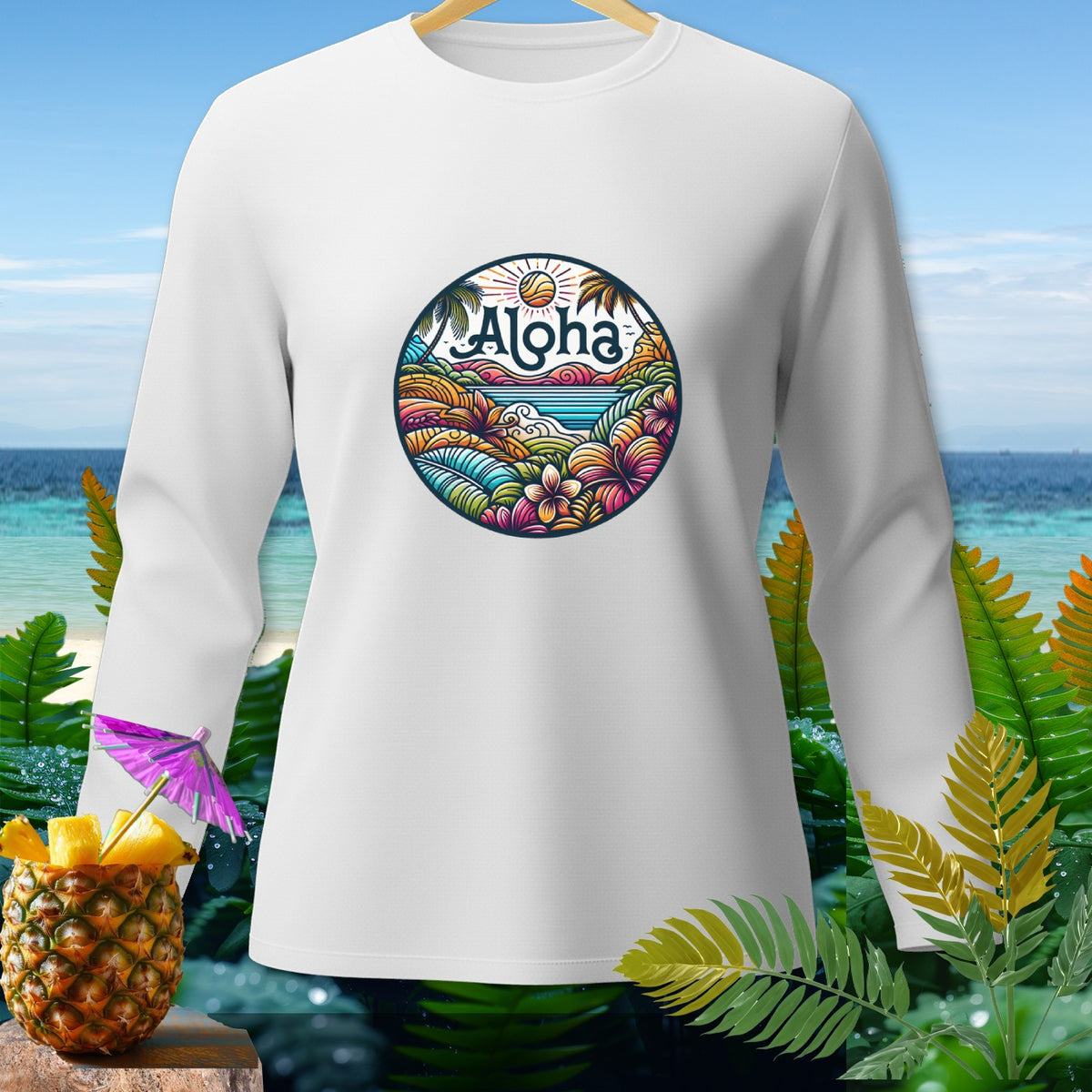 White long-sleeve shirt with "Aloha" tropical scene graphic on chest.