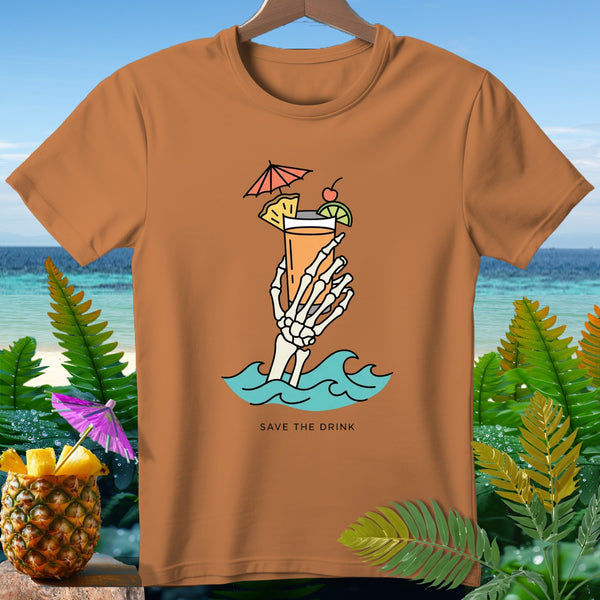 Skeleton hand holding tropical drink in waves, "SAVE THE DRINK" text.