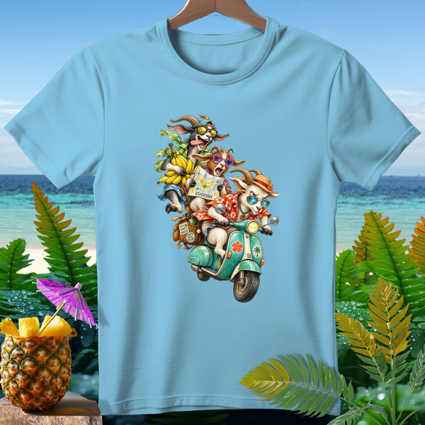 Goats wearing sunglasses ride a scooter with a map and bananas on a light blue shirt.