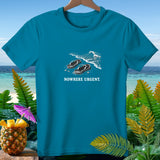 Teal t-shirt with black flip-flops on a beach and the text 