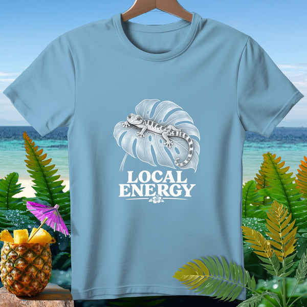 Light blue t-shirt with a gecko on a leaf and "LOCAL ENERGY" text.