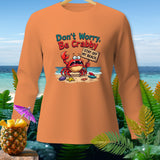 Orange long-sleeve shirt with a crab holding a 