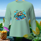 Mint green long-sleeve shirt with a graphic of a sea turtle swimming with fish.