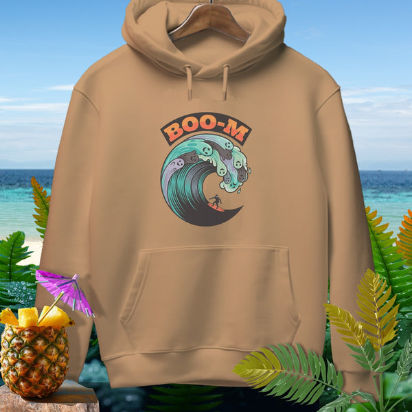 Brown hoodie with "BOO-M" text and surfer on a wave graphic.
