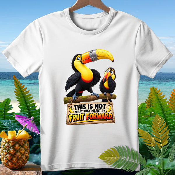 Two toucans on a perch, one with a banana beak, text reads: "This is not what they meant by Fruit Forward."
