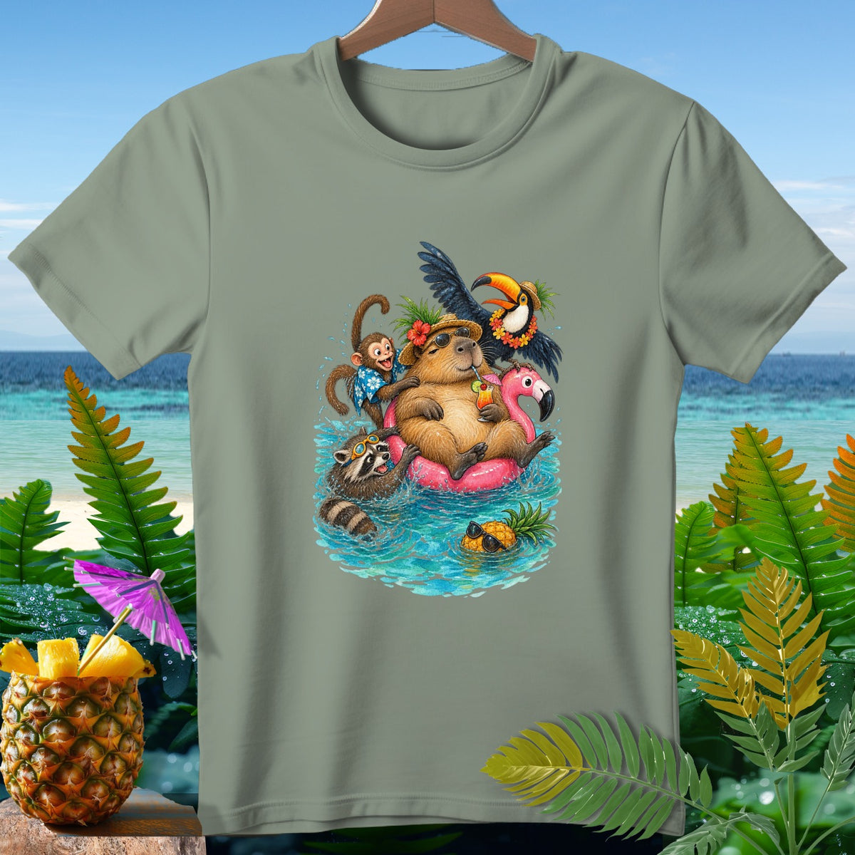 Capybara, raccoon, monkey, and toucan relax on a flamingo float in water.