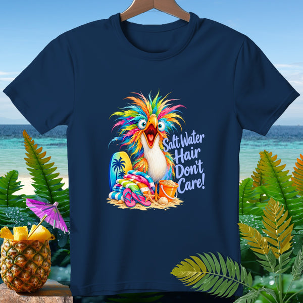 Colorful parrot graphic with text "Salt Water Hair Don't Care!" on t-shirt.