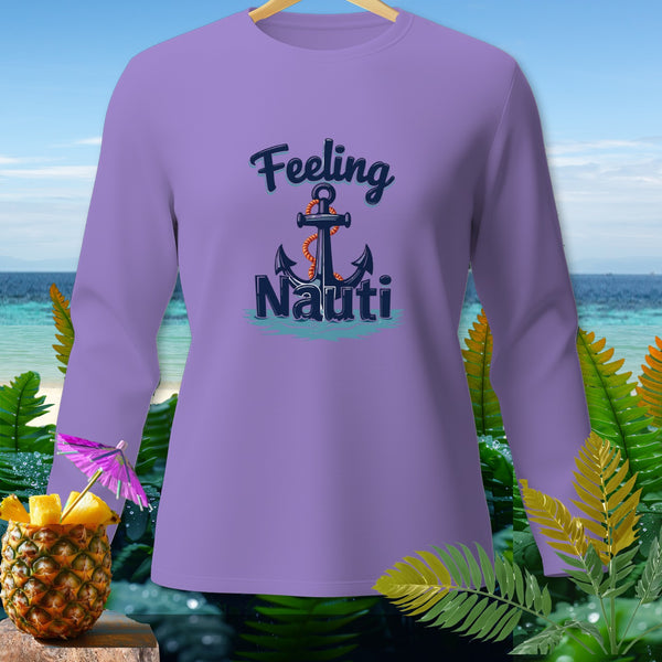 Lavender long-sleeve shirt with anchor graphic and text "Feeling Nauti."