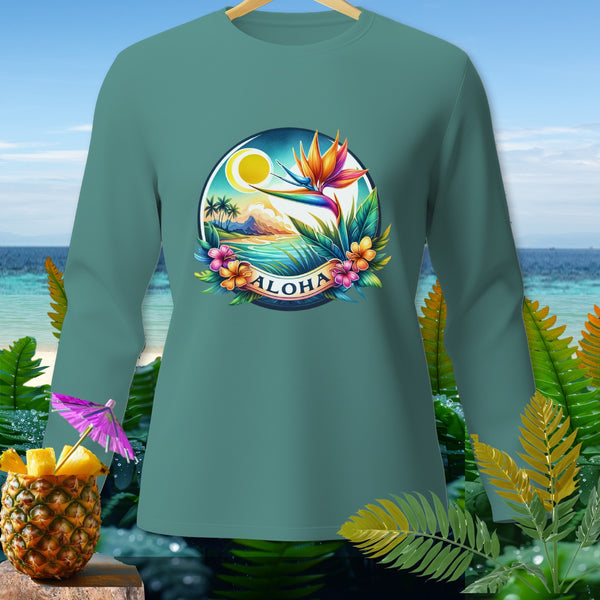 Teal long-sleeve shirt with a circular Hawaiian graphic featuring a bird of paradise and the word "ALOHA".