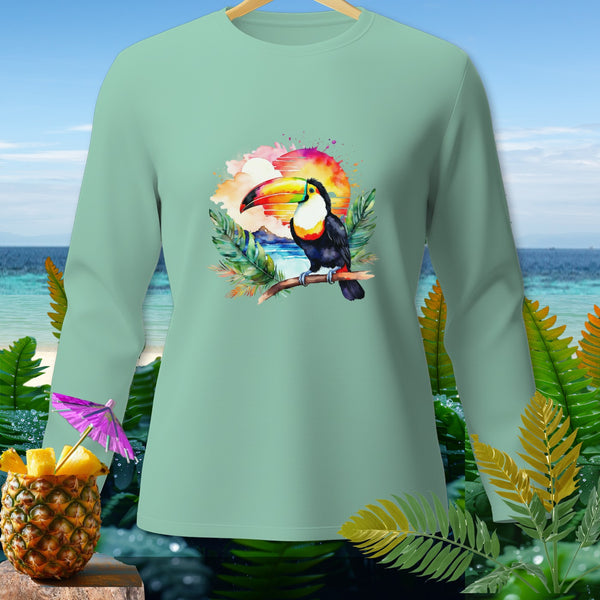 Long-sleeve t-shirt with a toucan, sunset, and tropical foliage graphic.
