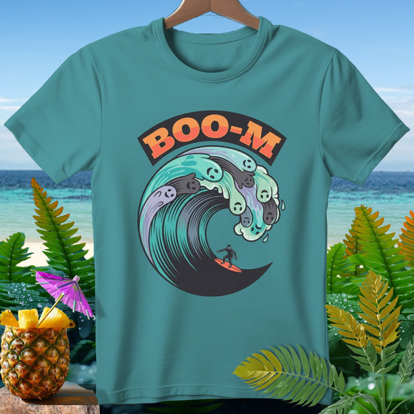 Teal t-shirt with "BOO-M" and a surfer riding a wave of ghosts.