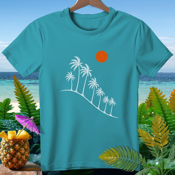 Teal t-shirt with white palm trees, orange sun, and tropical foliage.
