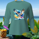 Teal long-sleeve shirt with a watercolor owl design over water.