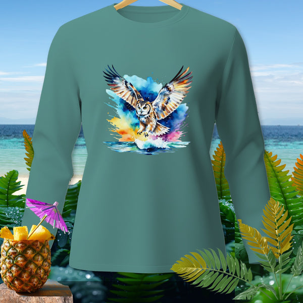 Teal long-sleeve shirt with a watercolor owl design over water.