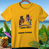 Yellow t-shirt with two birds on a branch, one wearing sunglasses and the other a surfboard.
