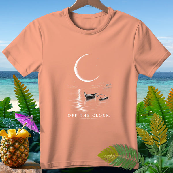 Peach t-shirt with crescent moon, boat, and text "OFF THE CLOCK."