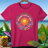 Fuchsia t-shirt with circular graphic: sun, 