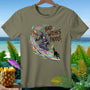 A witch on a surfboard with a black cat and "Bad Witches Paddle" text.
