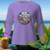 Purple long-sleeve shirt with a circular tropical 
