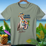 Pelican in straw hat, sunglasses, holding beach bag with text 