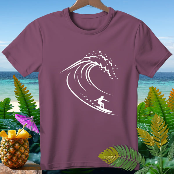 Maroon t-shirt with white surfer and wave graphic, set against tropical beach backdrop.