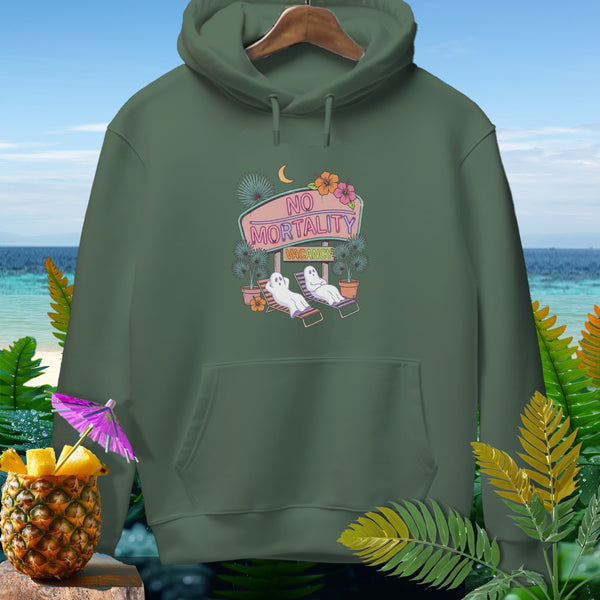 Green hoodie with ghosts on beach chairs and "NO MORTALITY VACANCY" neon sign.