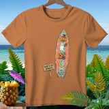 Orange t-shirt with a surfboard graphic featuring Halloween and tropical elements, and a sign reading 