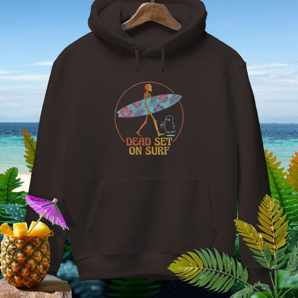 Brown hoodie with skeleton and ghost graphic that says "Dead Set On Surf".