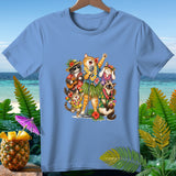 T-shirt featuring a group of cats in Hawaiian attire singing and playing instruments.