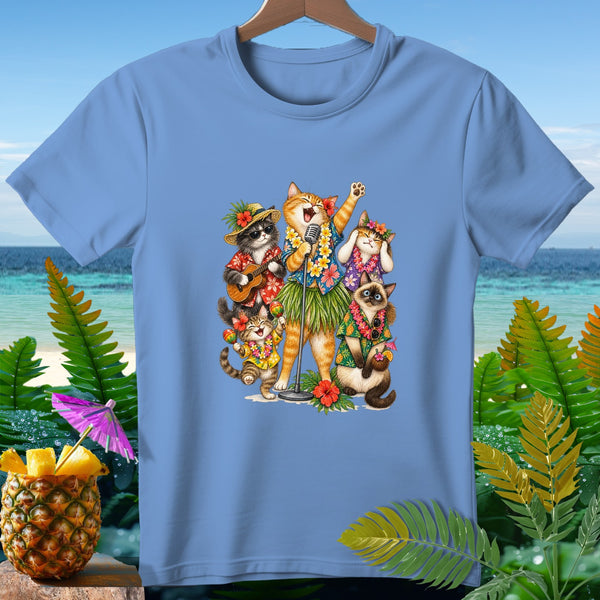 T-shirt featuring a group of cats in Hawaiian attire singing and playing instruments.